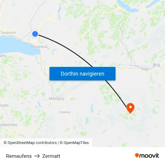 Remaufens to Zermatt map