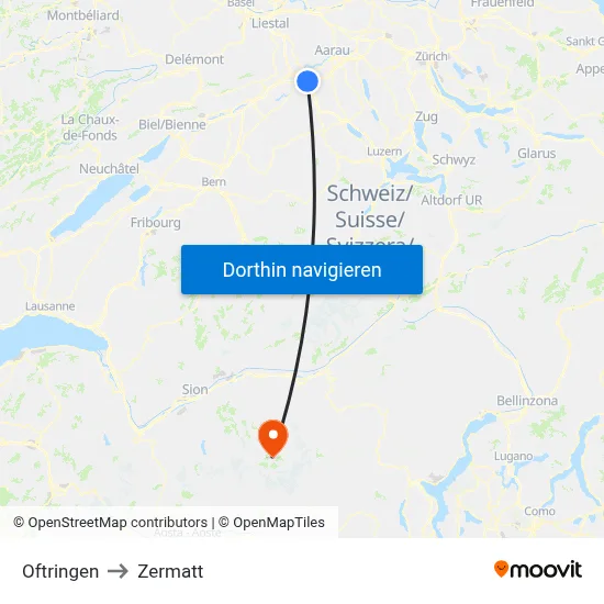 Oftringen to Zermatt map