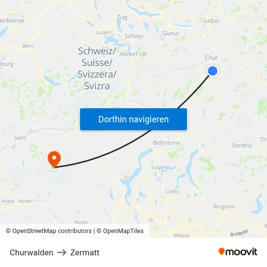 Churwalden to Zermatt map