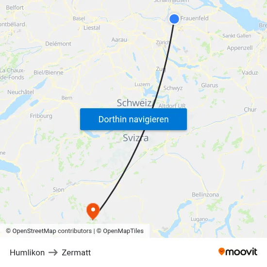 Humlikon to Zermatt map