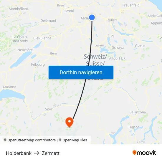 Holderbank to Zermatt map