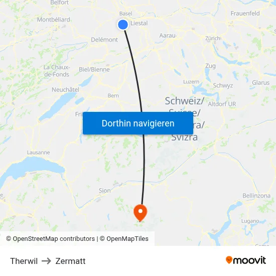 Therwil to Zermatt map