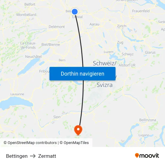Bettingen to Zermatt map