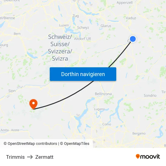 Trimmis to Zermatt map