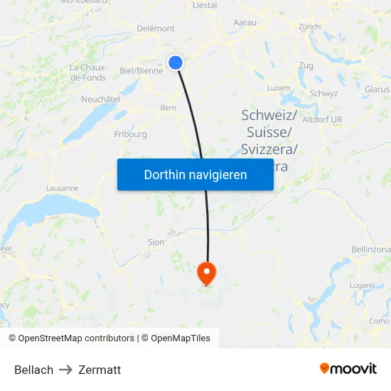 Bellach to Zermatt map