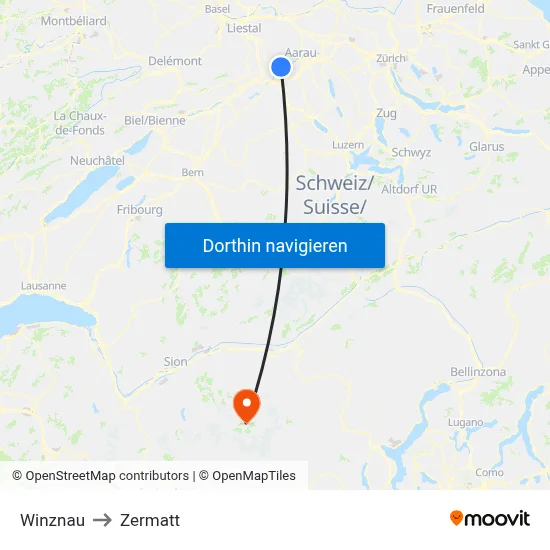 Winznau to Zermatt map