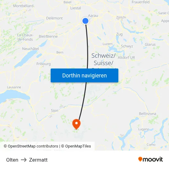 Olten to Zermatt map