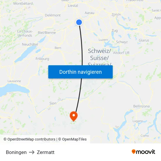 Boningen to Zermatt map