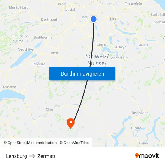 Lenzburg to Zermatt map