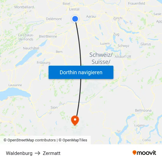 Waldenburg to Zermatt map