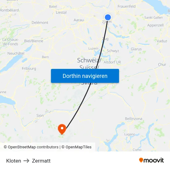 Kloten to Zermatt map