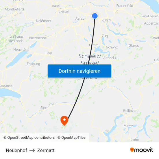 Neuenhof to Zermatt map