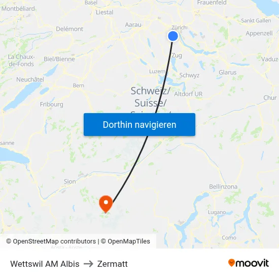 Wettswil AM Albis to Zermatt map