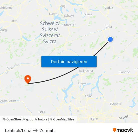Lantsch/Lenz to Zermatt map