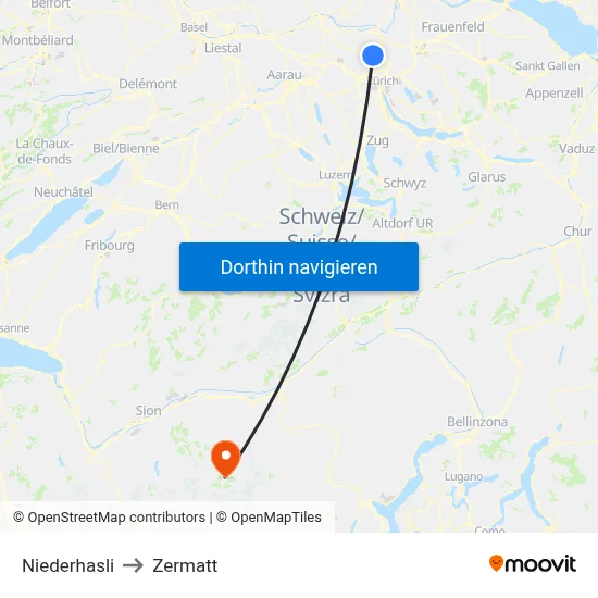 Niederhasli to Zermatt map
