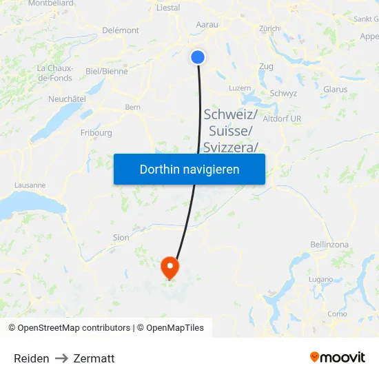 Reiden to Zermatt map