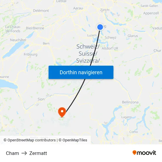 Cham to Zermatt map