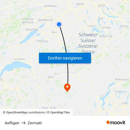 Aefligen to Zermatt map