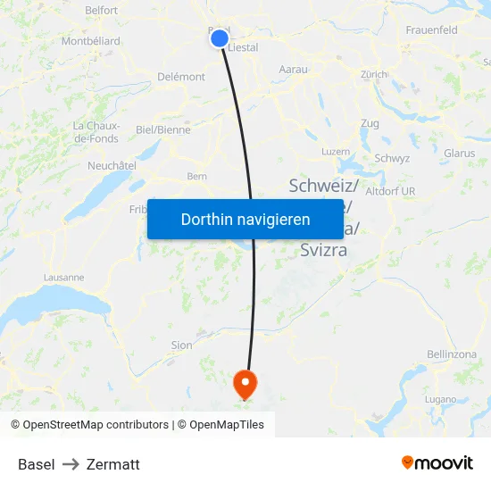 Basel to Zermatt map