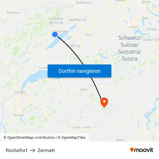 Rochefort to Zermatt map