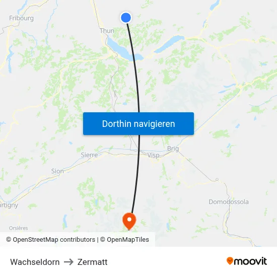 Wachseldorn to Zermatt map