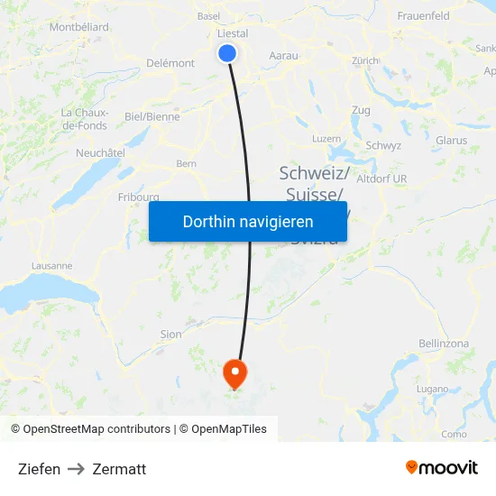 Ziefen to Zermatt map