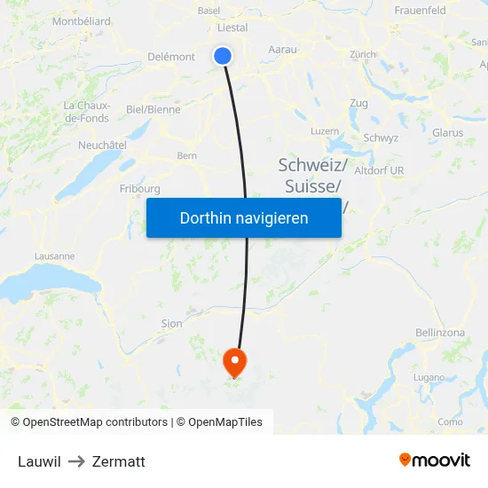Lauwil to Zermatt map