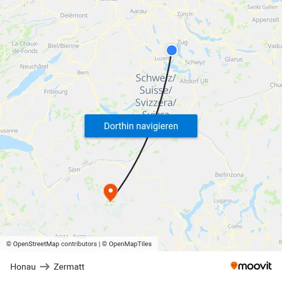 Honau to Zermatt map