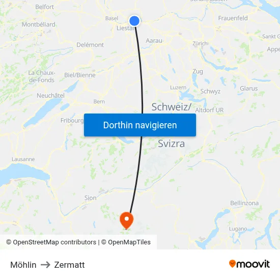 Möhlin to Zermatt map