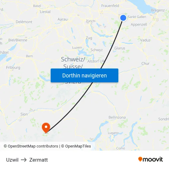 Uzwil to Zermatt map