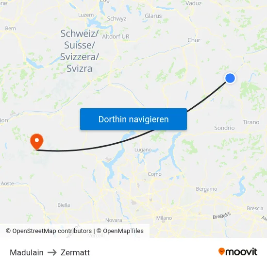 Madulain to Zermatt map