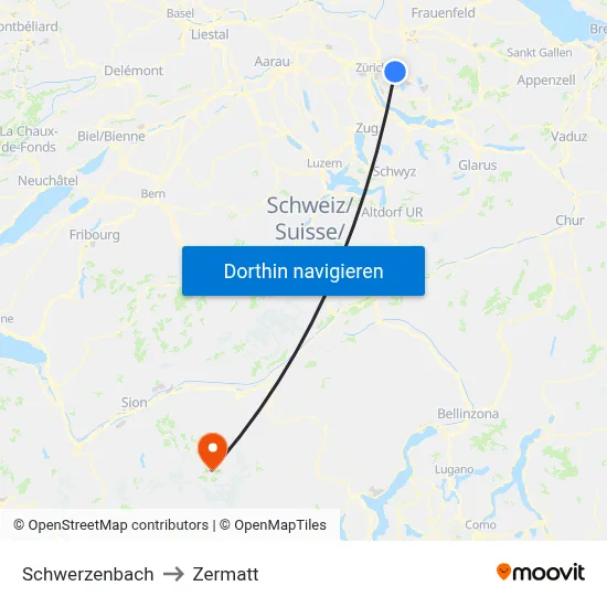 Schwerzenbach to Zermatt map