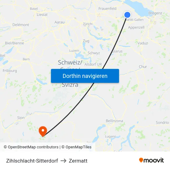 Zihlschlacht-Sitterdorf to Zermatt map