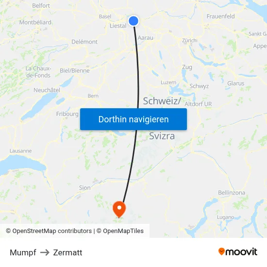 Mumpf to Zermatt map
