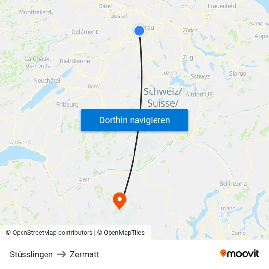Stüsslingen to Zermatt map