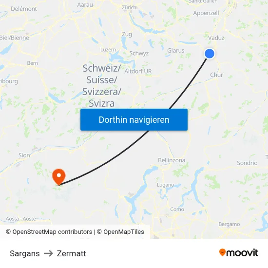 Sargans to Zermatt map