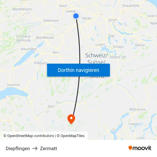 Diepflingen to Zermatt map