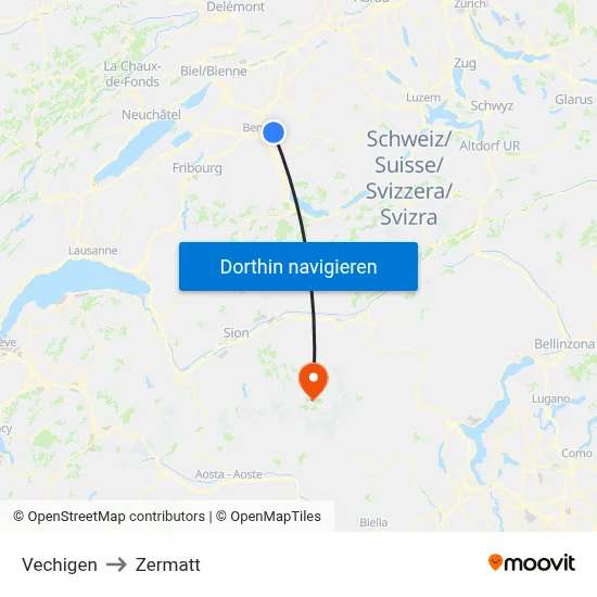 Vechigen to Zermatt map