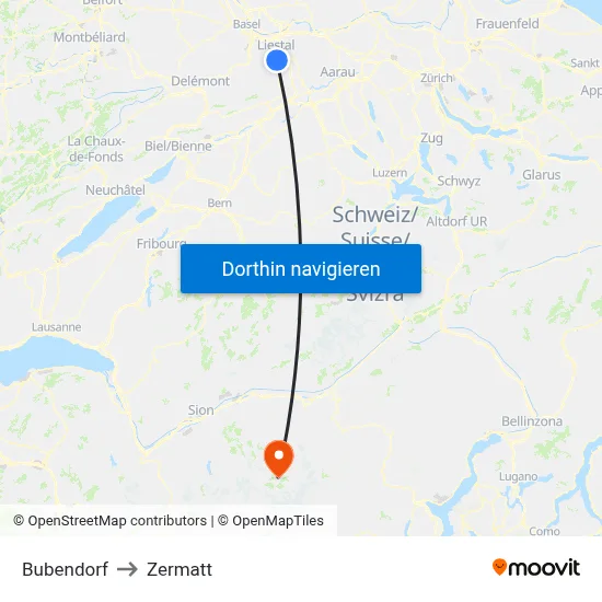 Bubendorf to Zermatt map