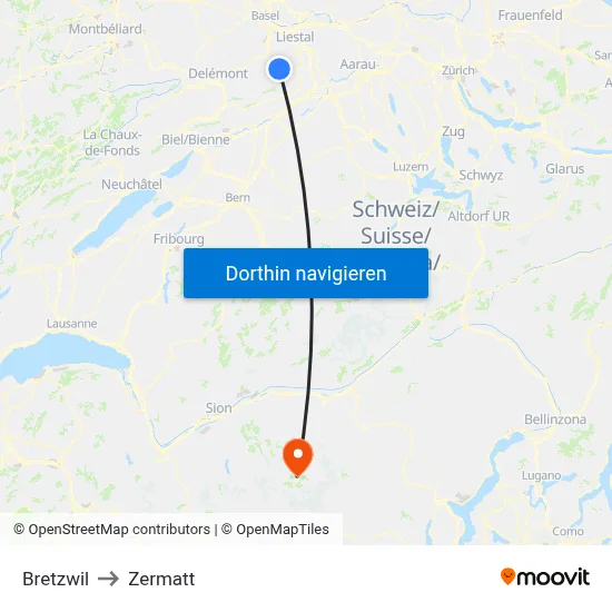 Bretzwil to Zermatt map