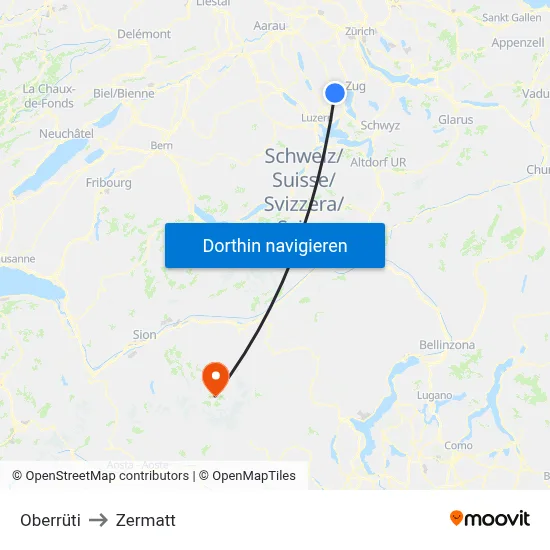 Oberrüti to Zermatt map