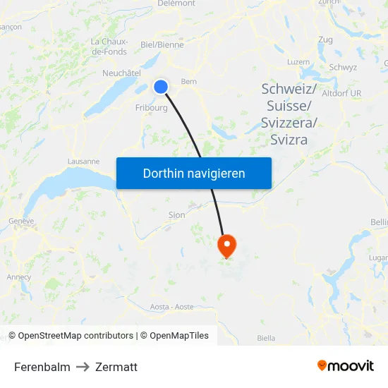 Ferenbalm to Zermatt map