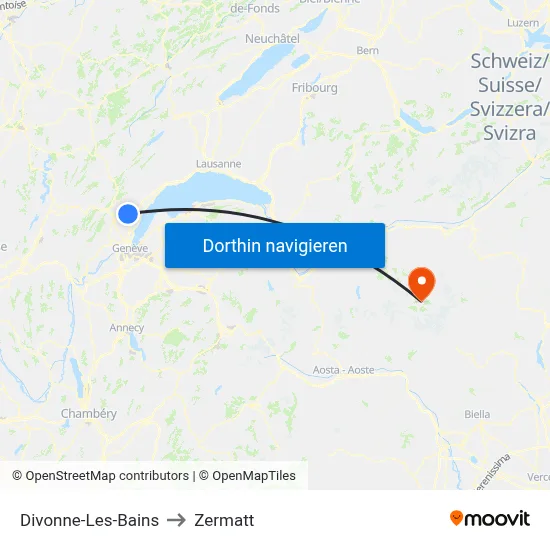 Divonne-Les-Bains to Zermatt map