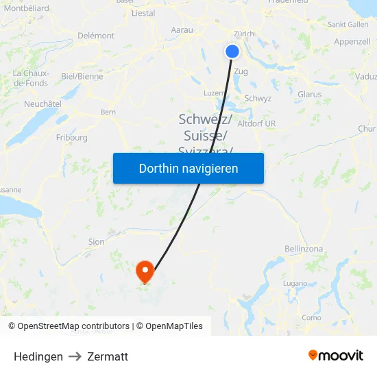Hedingen to Zermatt map