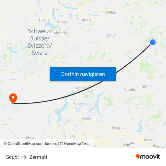 Scuol to Zermatt map