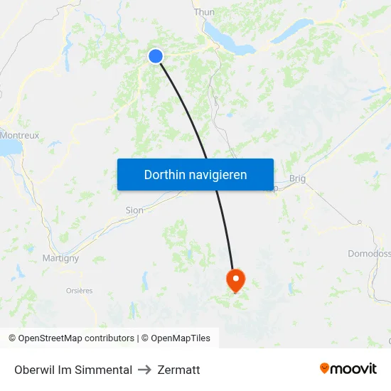 Oberwil Im Simmental to Zermatt map