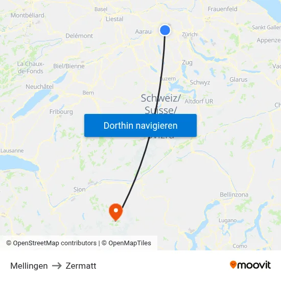 Mellingen to Zermatt map