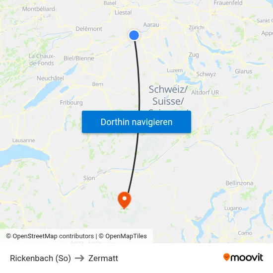 Rickenbach (So) to Zermatt map