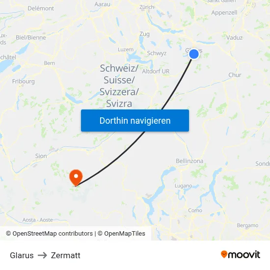 Glarus to Zermatt map
