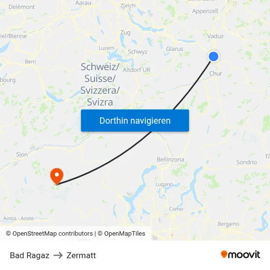 Bad Ragaz to Zermatt map